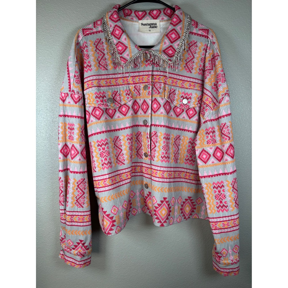 Savanna Jane Rhinestone‎ Corduroy Jacket Pink Orange Tribal Print Size 1X